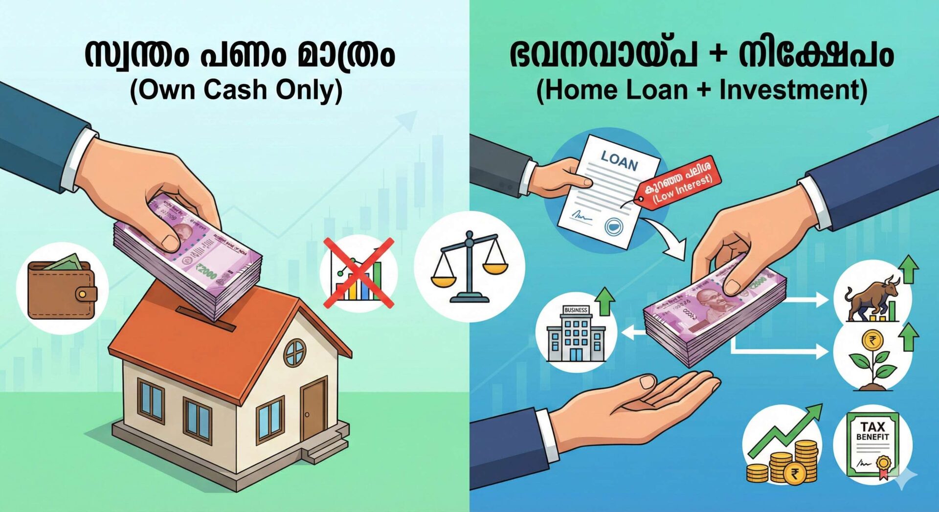 സ്വന്തം പണം മാത്രം ഉപയോഗിച്ച് വീട് വാങ്ങുന്നതും, കുറഞ്ഞ പലിശയിൽ ഭവനവായ്പ എടുത്ത് ബാക്കി പണം ഓഹരി വിപണിയിലും ബിസിനസ്സിലും നിക്ഷേപിച്ച് നികുതി ഇളവും ലാഭവും നേടുന്നതും താരതമ്യം ചെയ്യുന്ന ഇൻഫോഗ്രാഫിക്.