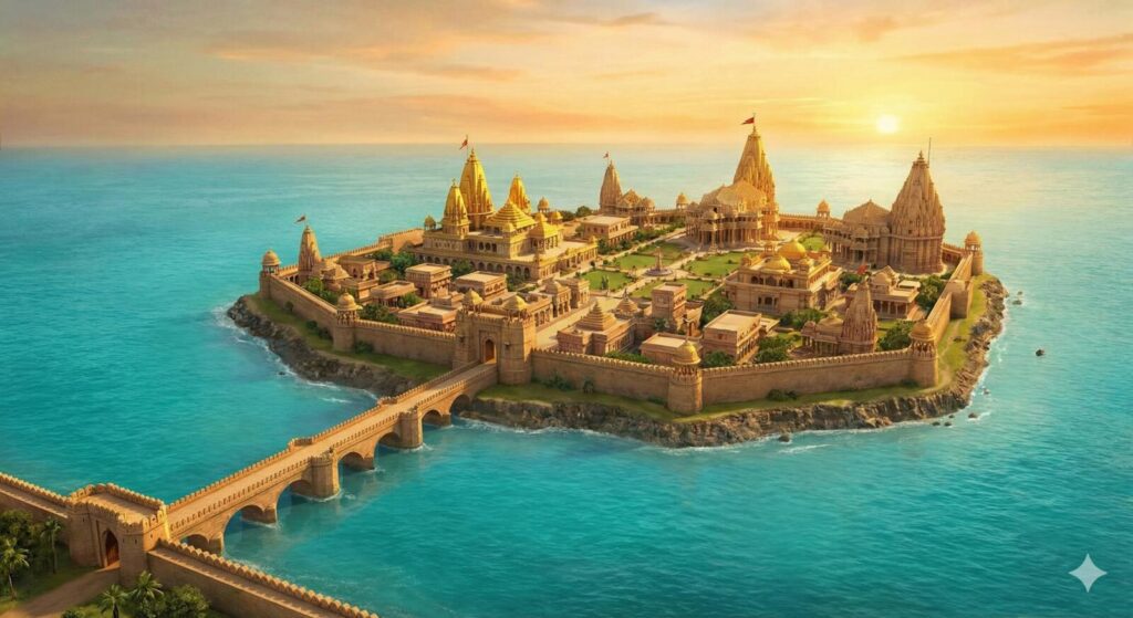 ശ്രീകൃഷ്ണൻ സമുദ്രമധ്യത്തിൽ നിർമ്മിച്ച അതിമനോഹരമായ ദ്വാരക നഗരത്തിന്റെ ആകാശദൃശ്യം.