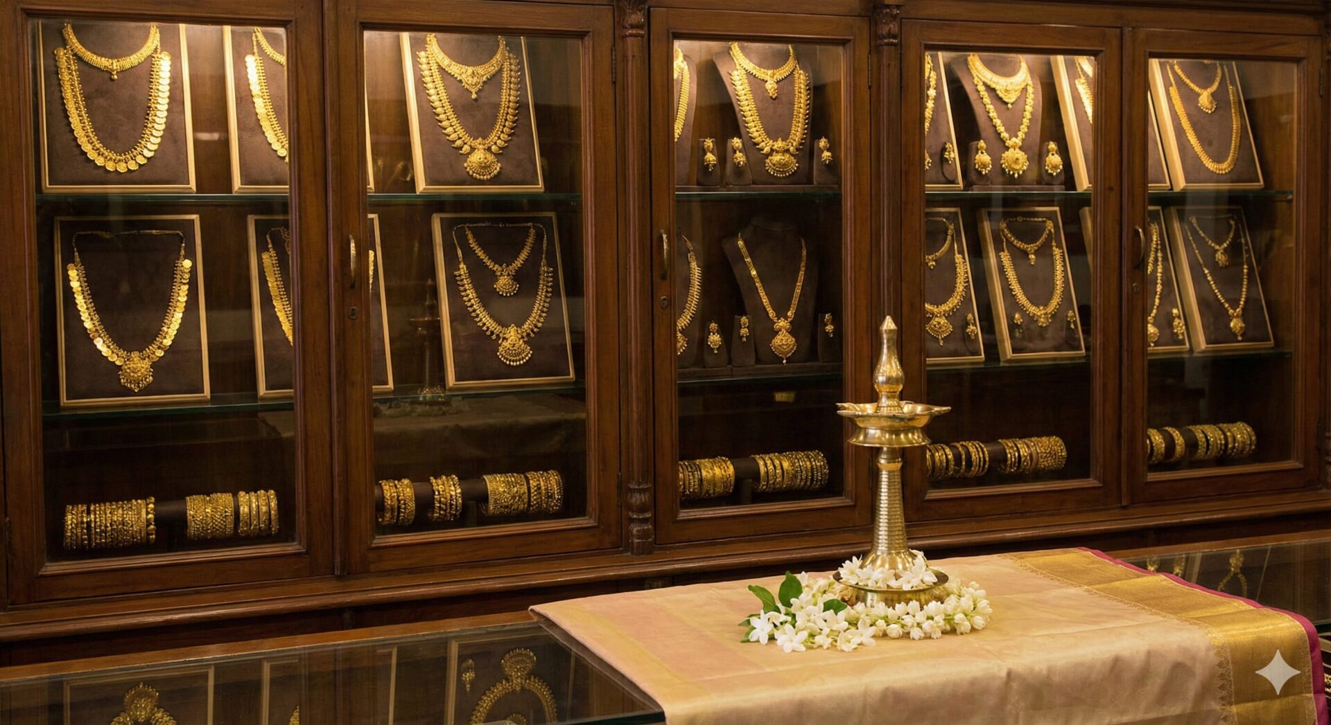 Kerala gold jewelry display with traditional necklaces and bangles
